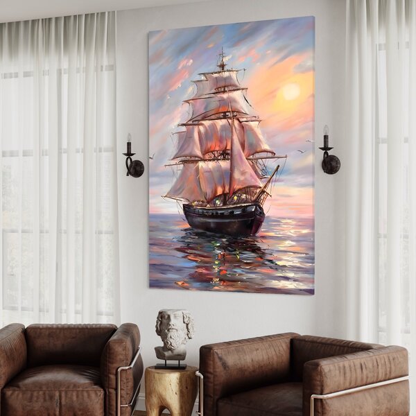 Tablou Canvas Premium LuxCanva® A1304, Vapor Pe Mare , Living, Vele, Rasarit, Pasari, Catarg, Dormitor, Culori Vibrante