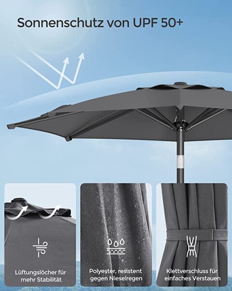 Umbrela de soare, Songmics, 30 grade, 210 cm, UPF 50+, Gri
