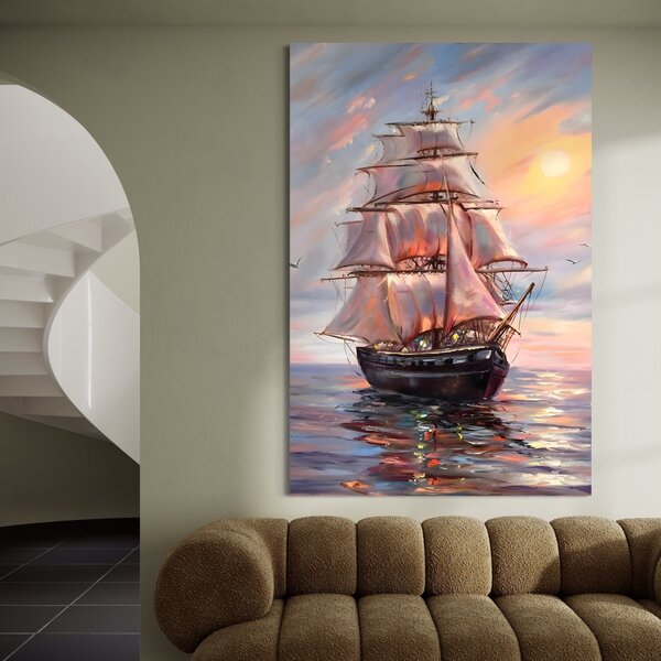 Tablou Canvas Premium LuxCanva® A1304, Vapor Pe Mare , Living, Vele, Rasarit, Pasari, Catarg, Dormitor, Culori Vibrante