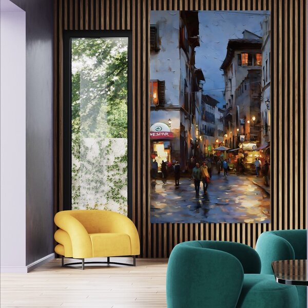 Tablou Canvas Premium LuxCanva® A1299, Prin Oras , Living, Oameni, Seara, Terase, Magazine, Cafenea, Culori Vibrante