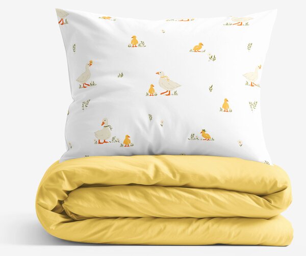 Goldea lenjerie de pat din 100% bumbac duo - rățuște vesele cu galben 150 x 200 și 50 x 60 cm