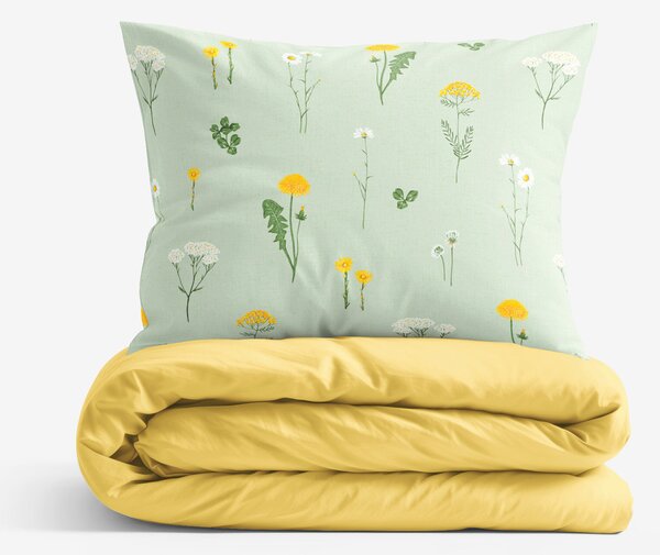 Goldea lenjerie de pat din 100% bumbac duo - pajiște pe verde mélange cu galben 160 x 200 și 2buc 50 x 70 cm
