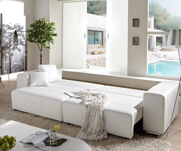 Canapea extensibilă dumonde cu ladă de depozitare si sezut confortabil din spuma high-density, Marbela White XXL 295x120 cm