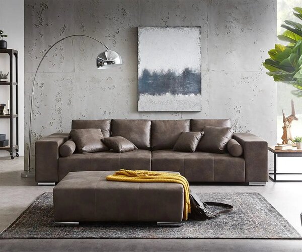 Canapea extensibilă dumonde cu ladă de depozitare si sezut confortabil din spuma high-density, Marbela Tobago Brown XXL 295x120 cm cu taburet inclus