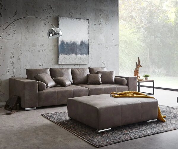 Canapea extensibilă dumonde cu ladă de depozitare si sezut confortabil din spuma high-density, Marbela Tobago Brown XXL 295x120 cm cu taburet inclus
