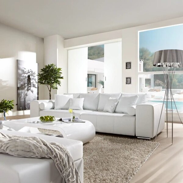 Canapea extensibilă dumonde cu ladă de depozitare si sezut confortabil din spuma high-density, Marbela White XXL 295x120 cm