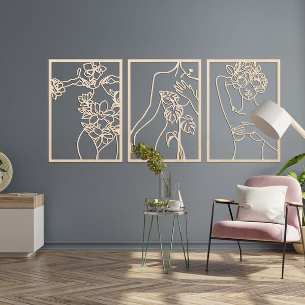 Set de trei tablouri moderne cu femei cu flori | ELEGANȚĂ