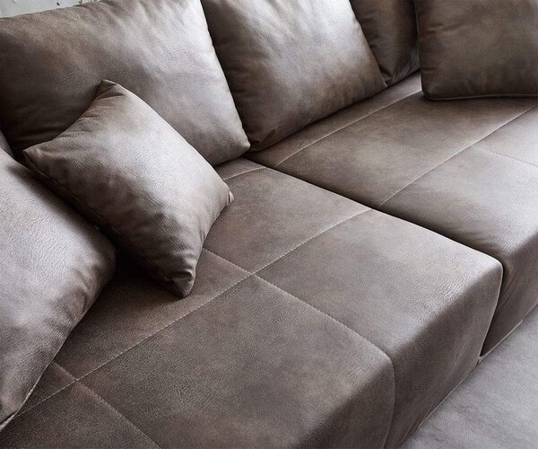 Canapea extensibilă dumonde cu ladă de depozitare si sezut confortabil din spuma high-density, Marbela Tobago Brown XXL 295x120 cm cu taburet inclus