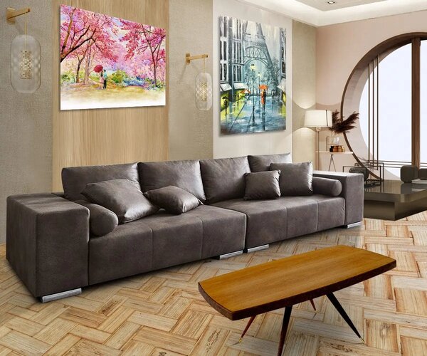 Canapea extensibilă dumonde cu ladă de depozitare si sezut confortabil din spuma high-density, Marbela Tobago Brown XXL 295x120 cm cu taburet inclus