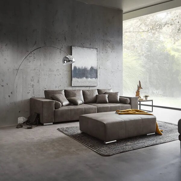 Canapea extensibilă dumonde cu ladă de depozitare si sezut confortabil din spuma high-density, Marbela Tobago Brown XXL 295x120 cm cu taburet inclus