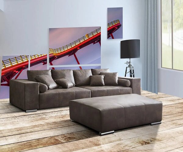 Canapea extensibilă dumonde cu ladă de depozitare si sezut confortabil din spuma high-density, Marbela Tobago Brown XXL 295x120 cm cu taburet inclus