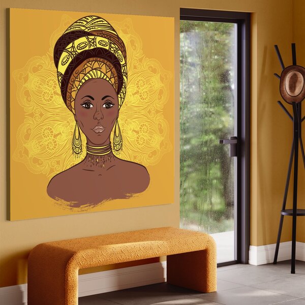 Tablou Canvas Premium LuxCanva® A1269, African Girl , Femeie, Auriu, Turban African, Dressing, Culori Vibrante