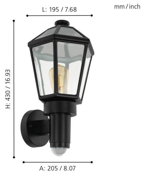 Eglo 97257 - Aplica de perete exterior MONSELICE cu senzor, 1xE27/28W, IP44