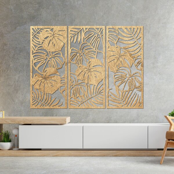 Pictură murală din trei piese cu frunză de monstera | TROPICI