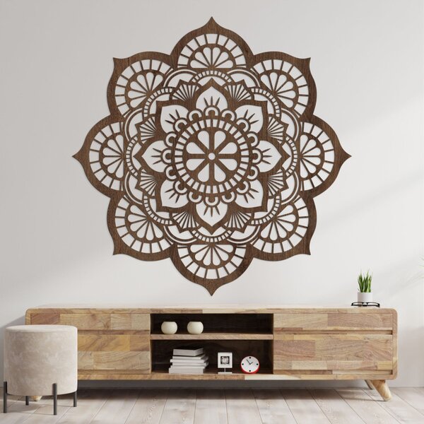 Mandala pictată pe perete din lemn cu motiv de floare de lotus | LOTOIS