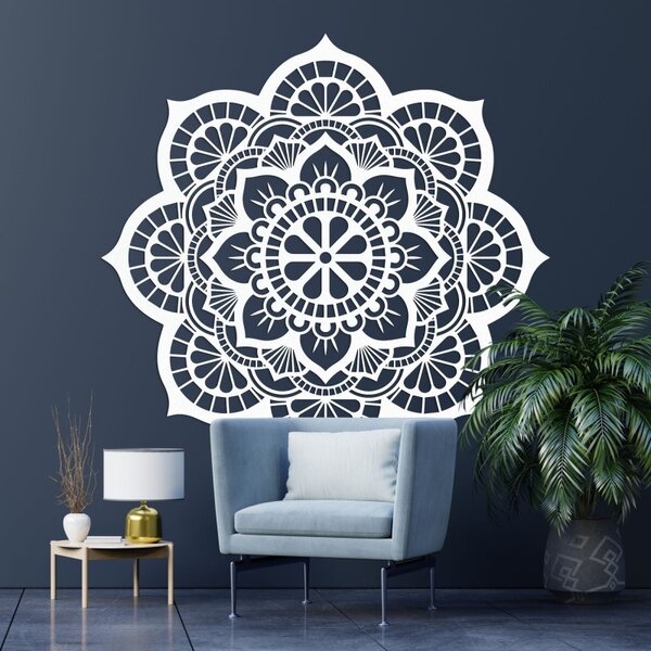 Mandala pictată pe perete din lemn cu motiv de floare de lotus | LOTOIS