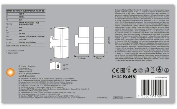 Ledvance - Aplica de perete LED RGB pentru exterior SMART + CUBE LED/13.5W/230V IP44 Wi-Fi