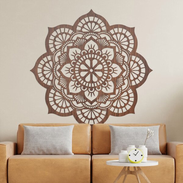 Mandala pictată pe perete din lemn cu motiv de floare de lotus | LOTOIS