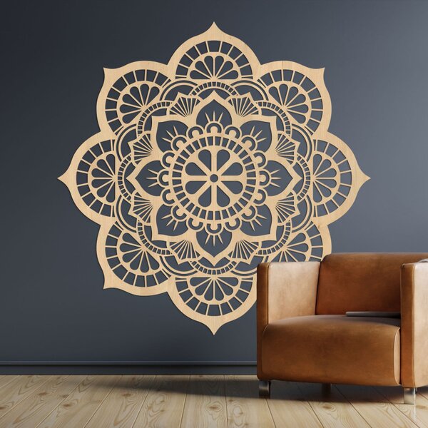 Mandala pictată pe perete din lemn cu motiv de floare de lotus | LOTOIS