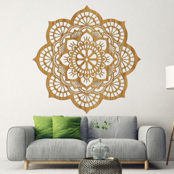 Mandala pictată pe perete din lemn cu motiv de floare de lotus | LOTOIS