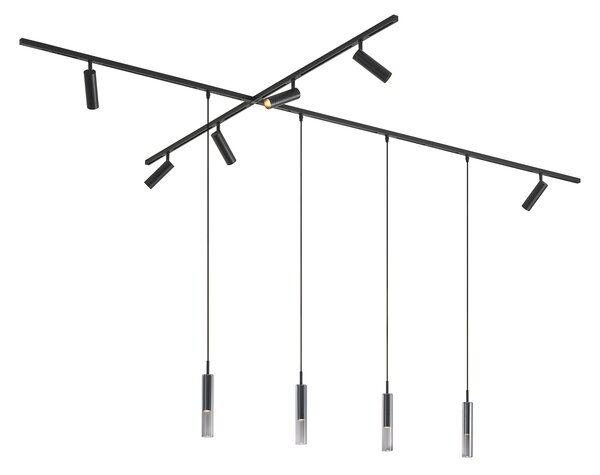 Sistem de iluminat pe șină modern negru cu 6 spoturi și 4 lumini suspendate monofazate - Slimline Uzzy Loyce