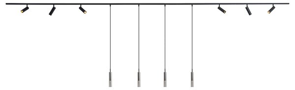 Sistem de iluminat pe șină modern negru cu 6 spoturi și 4 lumini suspendate monofazate - Slimline Uzzy Loyce