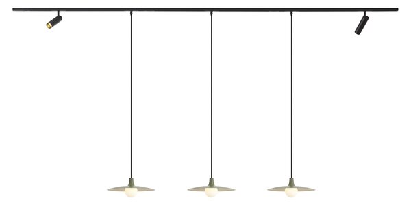 Sistem de iluminat pe șină modern negru cu 2 spoturi și 3 lămpi suspendate verzi monofazate - Slimline Uzzy Panzi