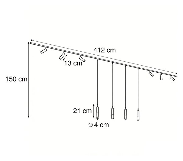 Sistem de iluminat pe șină modern negru cu 6 spoturi și 4 lumini suspendate monofazate - Slimline Uzzy Loyce