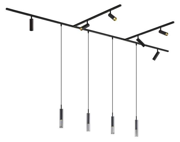 Sistem de iluminat pe șină modern negru cu 6 spoturi și 4 lumini suspendate monofazate - Slimline Uzzy Loyce