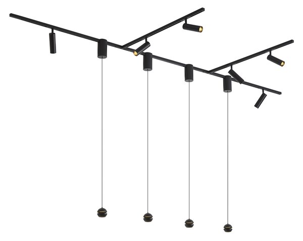 Sistem de iluminat pe șină modern negru cu 6 spoturi și 4 lămpi suspendate Easylift monofazate - Slimline Uzzy Tira