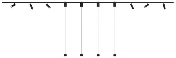 Sistem de iluminat pe șină modern negru cu 6 spoturi și 4 lămpi suspendate Easylift monofazate - Slimline Uzzy Tira