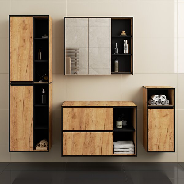 Set mobilier baie Vambos luxe (stejar artizanal + negru). Promo -12%. 1152131