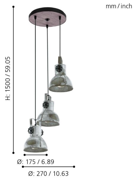 Eglo 79371 - Lustră suspendată pe cablu BARNSTAPLE 3xE27/40W/230V maro/patină