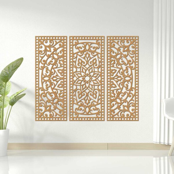 Mandala florală din lemn – decorațiune de perete boho din 3 piese | TRIPTYCH