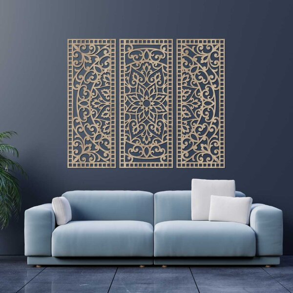 Mandala florală din lemn – decorațiune de perete boho din 3 piese | TRIPTYCH