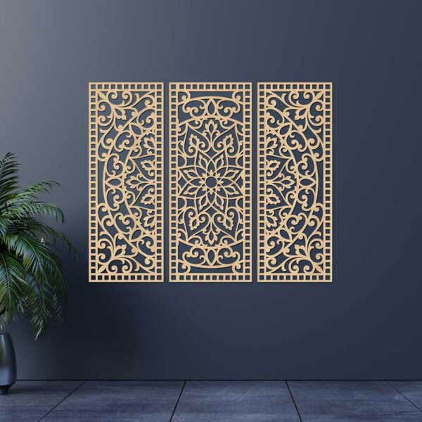 Mandala florală din lemn – decorațiune de perete boho din 3 piese | TRIPTYCH