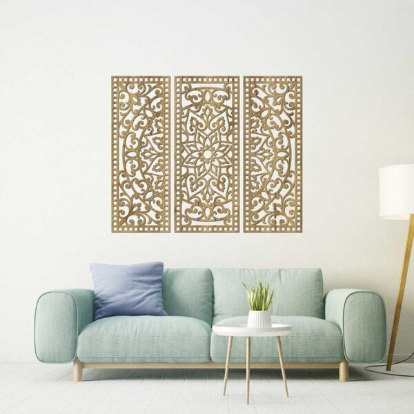 Mandala florală din lemn – decorațiune de perete boho din 3 piese | TRIPTYCH