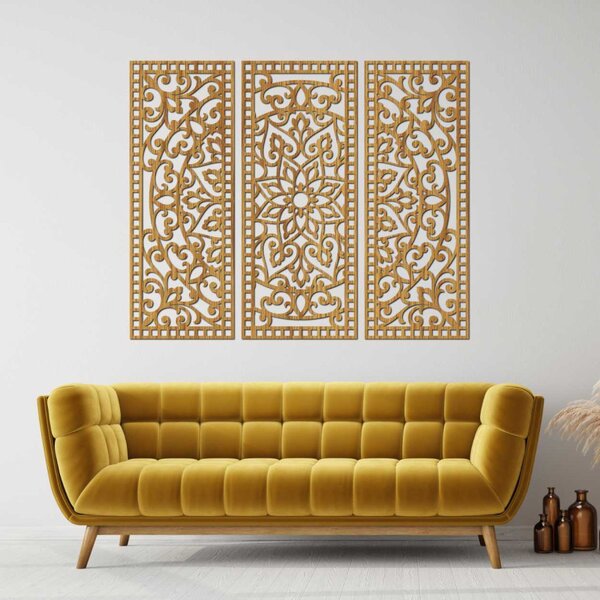 Mandala florală din lemn – decorațiune de perete boho din 3 piese | TRIPTYCH
