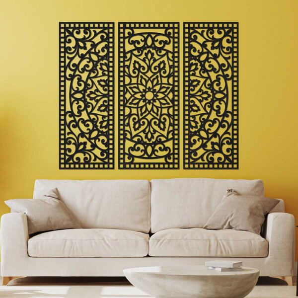 Mandala florală din lemn – decorațiune de perete boho din 3 piese | TRIPTYCH