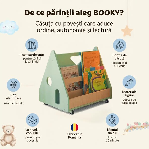 Biblioteca Montessori cu roti, in forma de casuta BOOKY Pearl