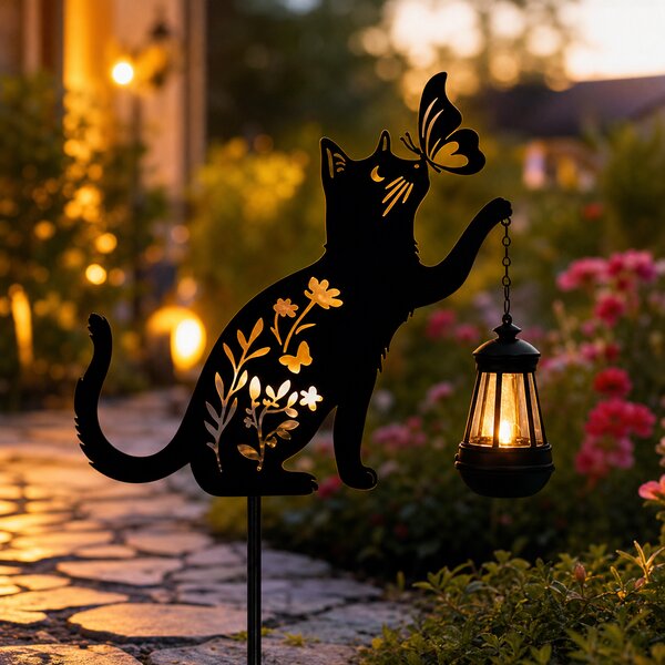 Lampa solara de gradina, decoratiune metalica, Pisica