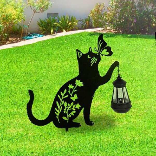 Lampa solara de gradina, decoratiune metalica, Pisica