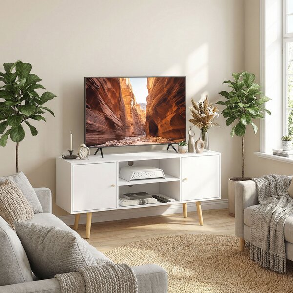 HOMCOM Cabinet TV 55" cu 2 Dulapuri, Uși și 2 Rafturi Deschise, Consolă TV din Lemn și PAL, 120x34x50 cm, Alb | Aosom Romania