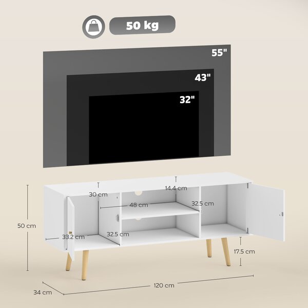 HOMCOM Cabinet TV 55" cu 2 Dulapuri, Uși și 2 Rafturi Deschise, Consolă TV din Lemn și PAL, 120x34x50 cm, Alb | Aosom Romania