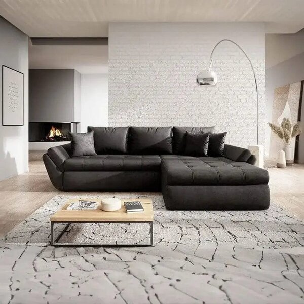 Colțar extensibil dumonde cu ladă de depozitare si sezut confortabil din spuma high-density, Loana Madagaskar Black II 270x185 cm