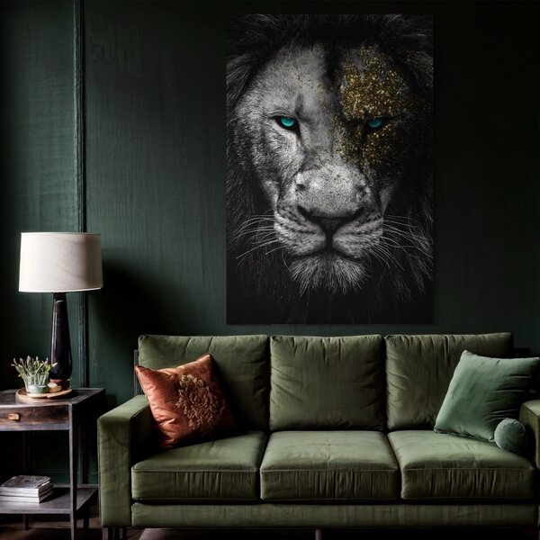 Tablou Canvas Premium LuxCanva® A1167, Leu Cu Ochi Albastri , Decorativ, Living, Animal, Regele Junglei, Culori Vibrante