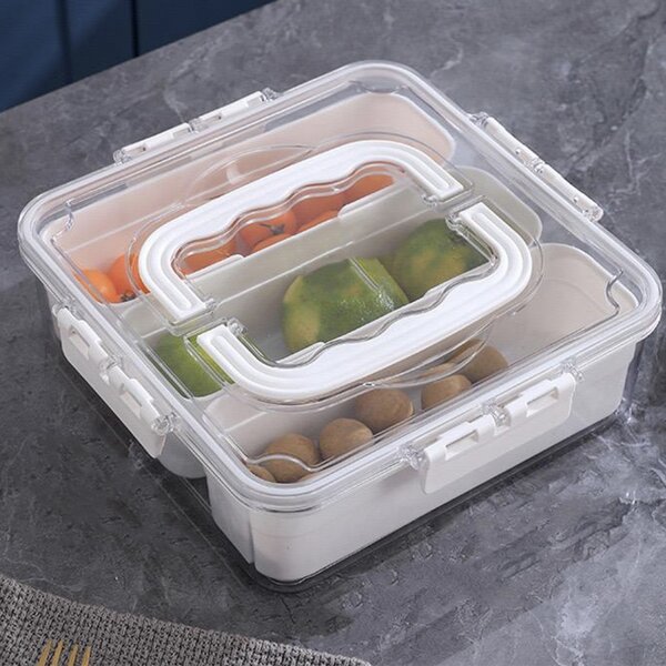 Cutie depozitare mancare pentru frigider cu capac etans si 3 compartimente detasabile, Pufo, 35 x 25 cm