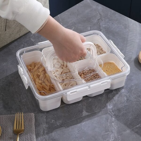 Cutie depozitare mancare pentru frigider cu capac etans si 6 compartimente detasabile, Pufo, 35 x 25 cm