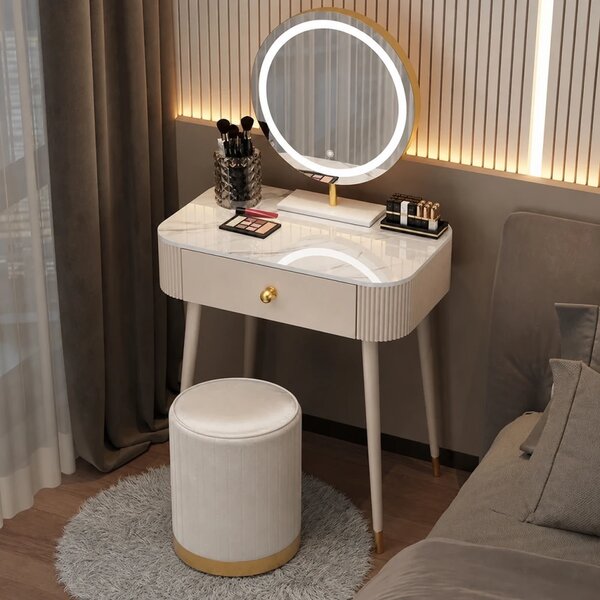 Set VICTORIA GLAM – Set Masă de Machiaj cu Oglindă LED și Taburet, Accente Aurii și Blat cu efect marmură, Alb
