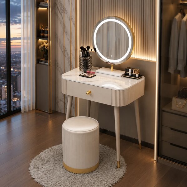 Set VICTORIA GLAM – Set Masă de Machiaj cu Oglindă LED și Taburet, Accente Aurii și Blat cu efect marmură, Alb